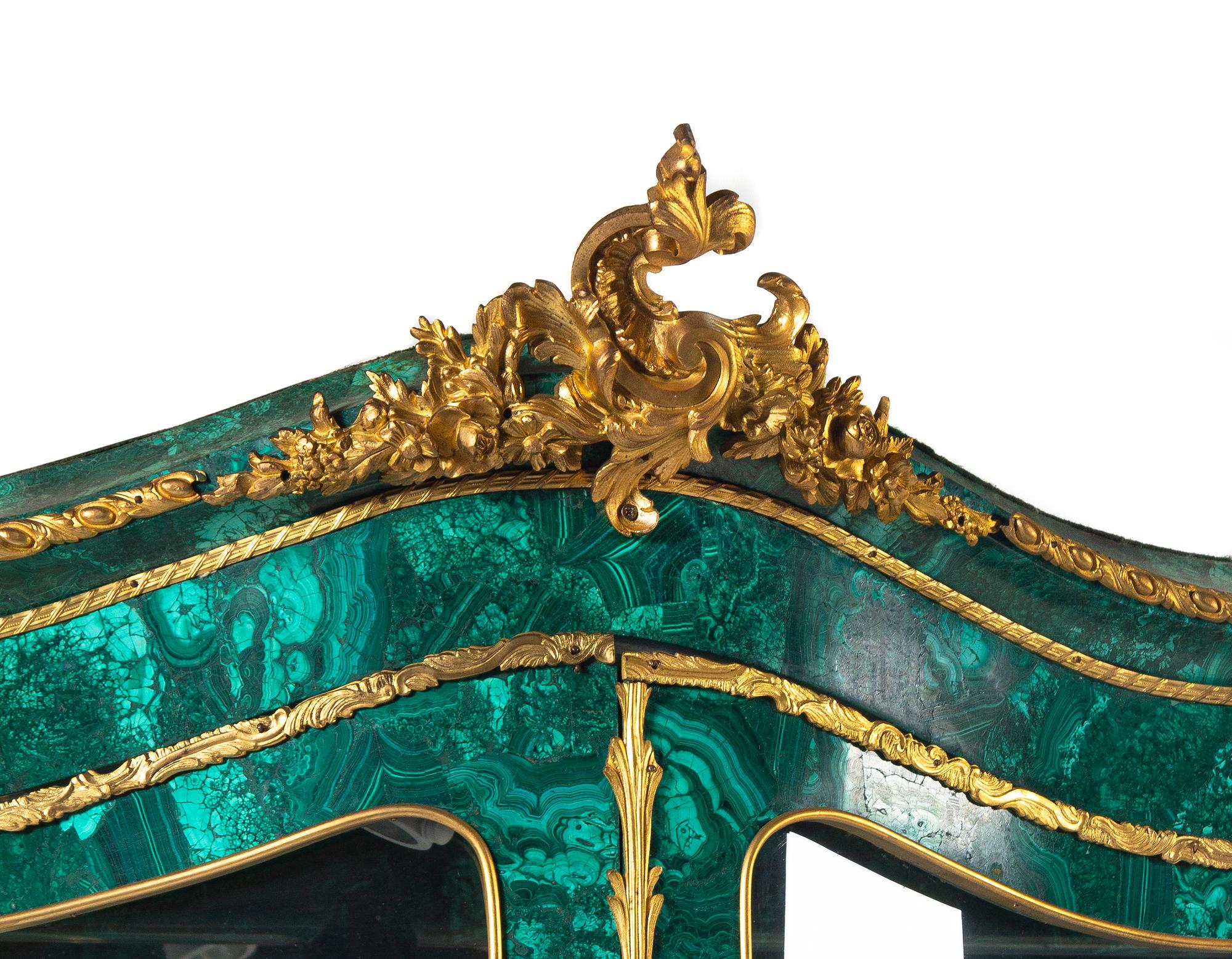 A Louis XV Style Gilt Bronze Mounted Malachite Veneered Vitrine Cabinet