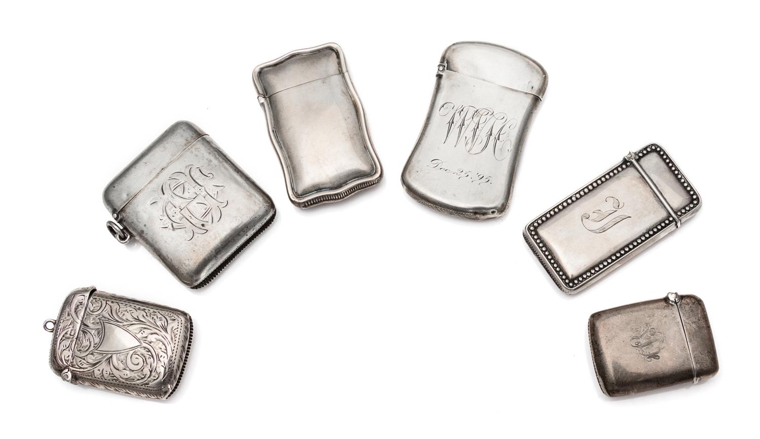 A Collection of Six Silver Vesta Cases, Various Makers, comprising a Victorian example with a monogrammed case, Deakin & Francis, Birmi