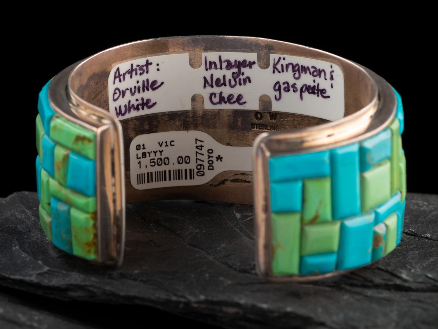 Sterling Silver Cuff Bracelet, with Turquoise and Gaspite Cobblestone Inlay