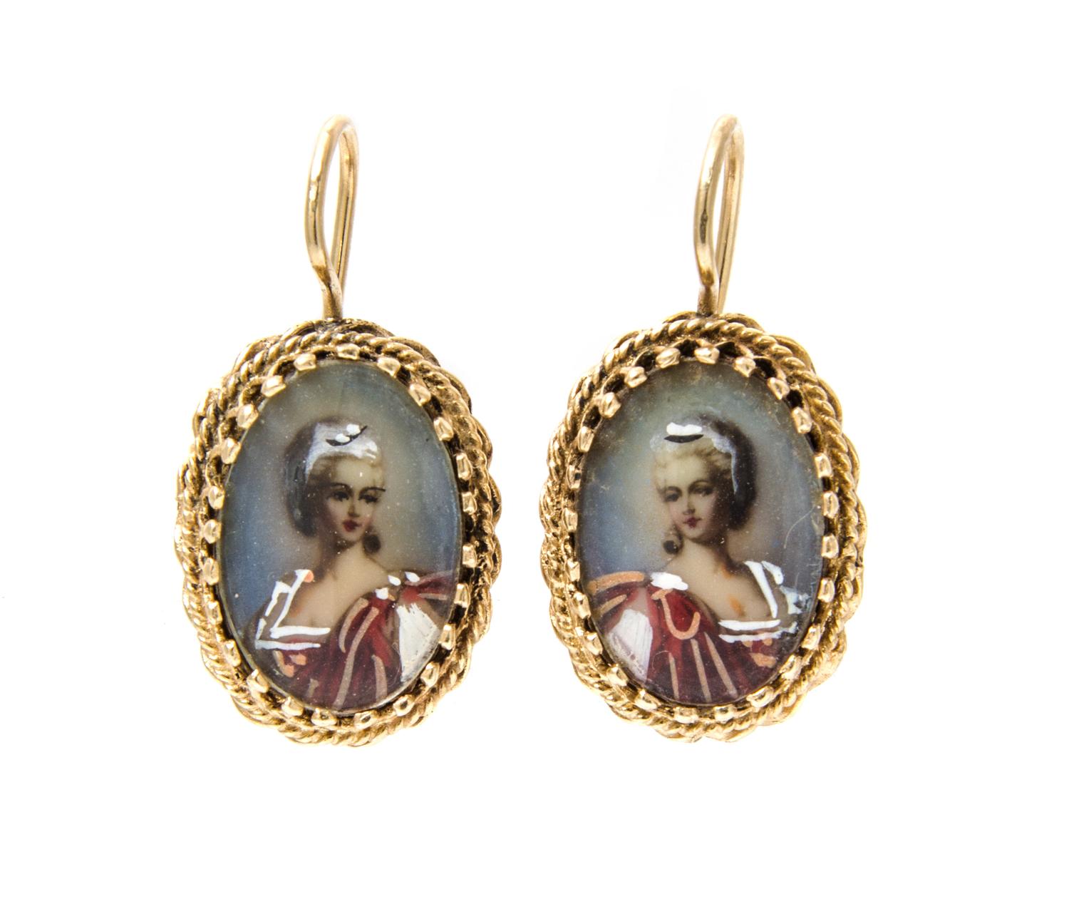A Pair of Vintage 14 Karat Yellow Gold Portrait Miniature Earrings, 3.90 dwts.
