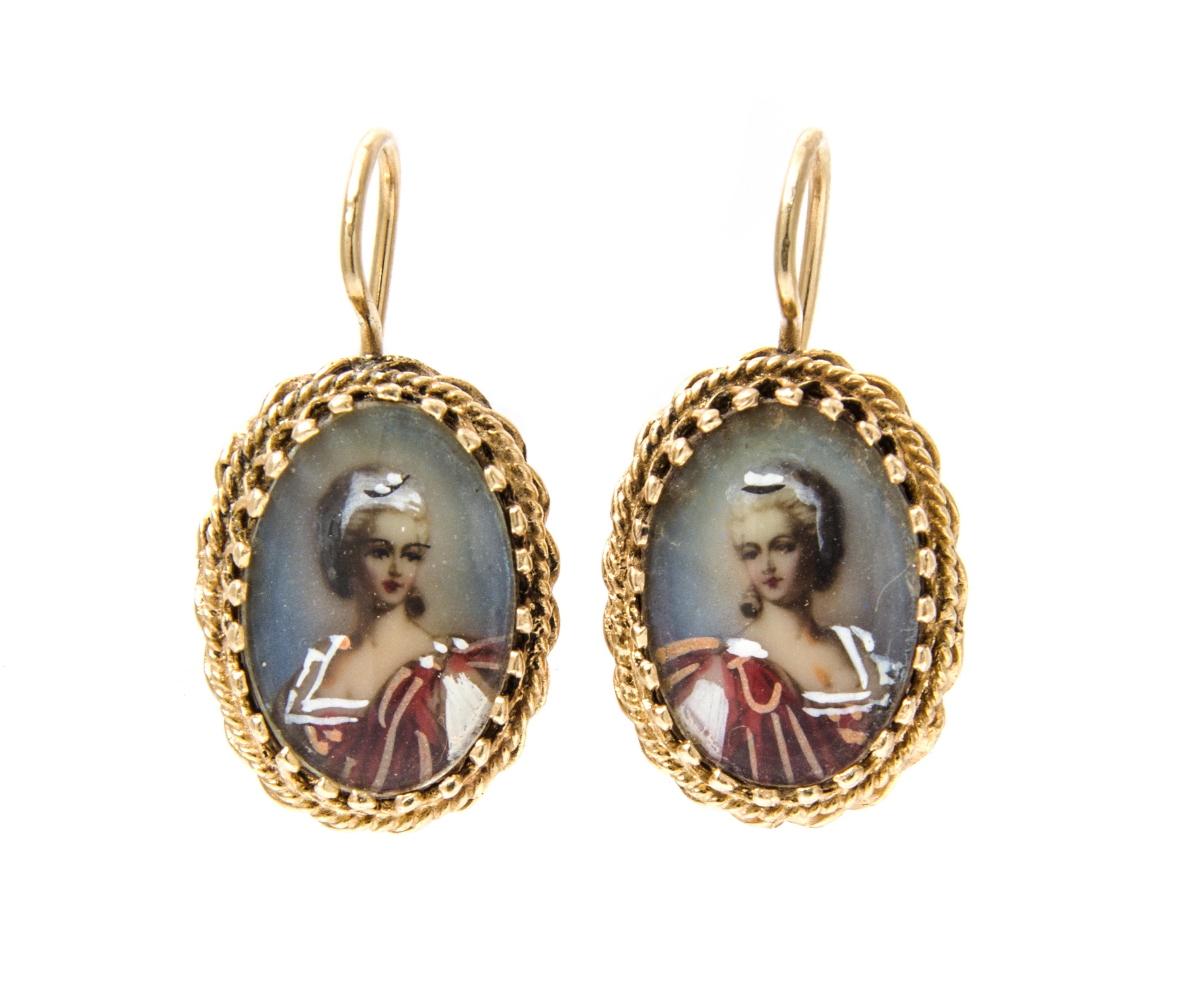 A Pair of Vintage 14 Karat Yellow Gold Portrait Miniature Earrings, 3.90 dwts.