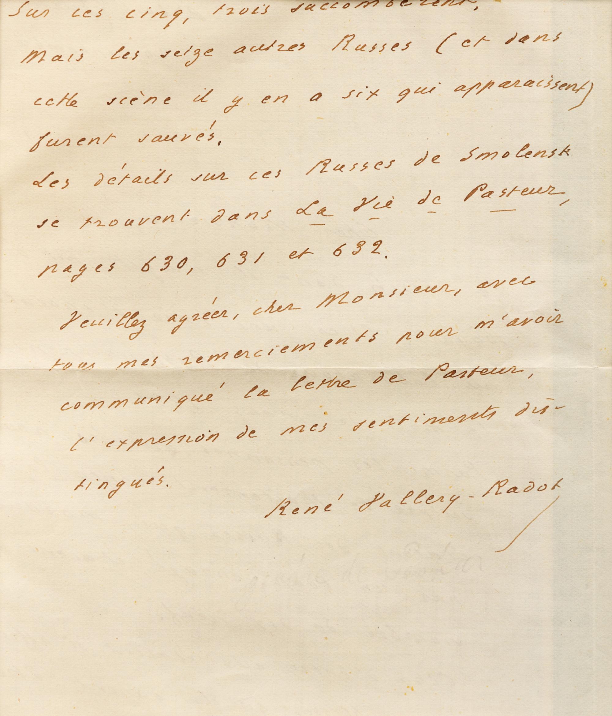PASTEUR, Louis (1822-1895). Autograph letter signed ("L. Pasteur"), in French, to an unnamed recipient. Paris, 14 May 1886.
