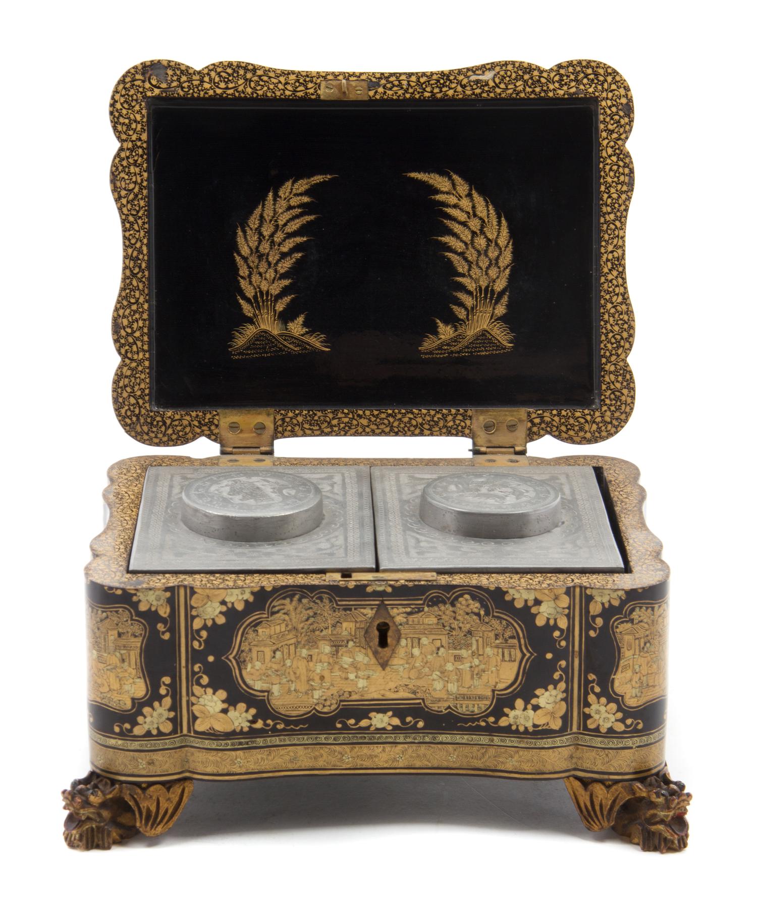 A Chinese Export Lacquered Tea Caddy Height 5 1/8 x width 8 3/4 x depth 6 1/4 inches. — 19TH CENTURY
