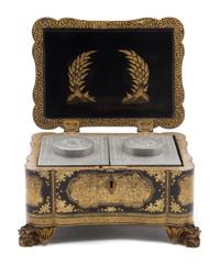 A Chinese Export Lacquered Tea Caddy Height 5 1/8 x width 8 3/4 x depth 6 1/4 inches. — 19TH CENTURY