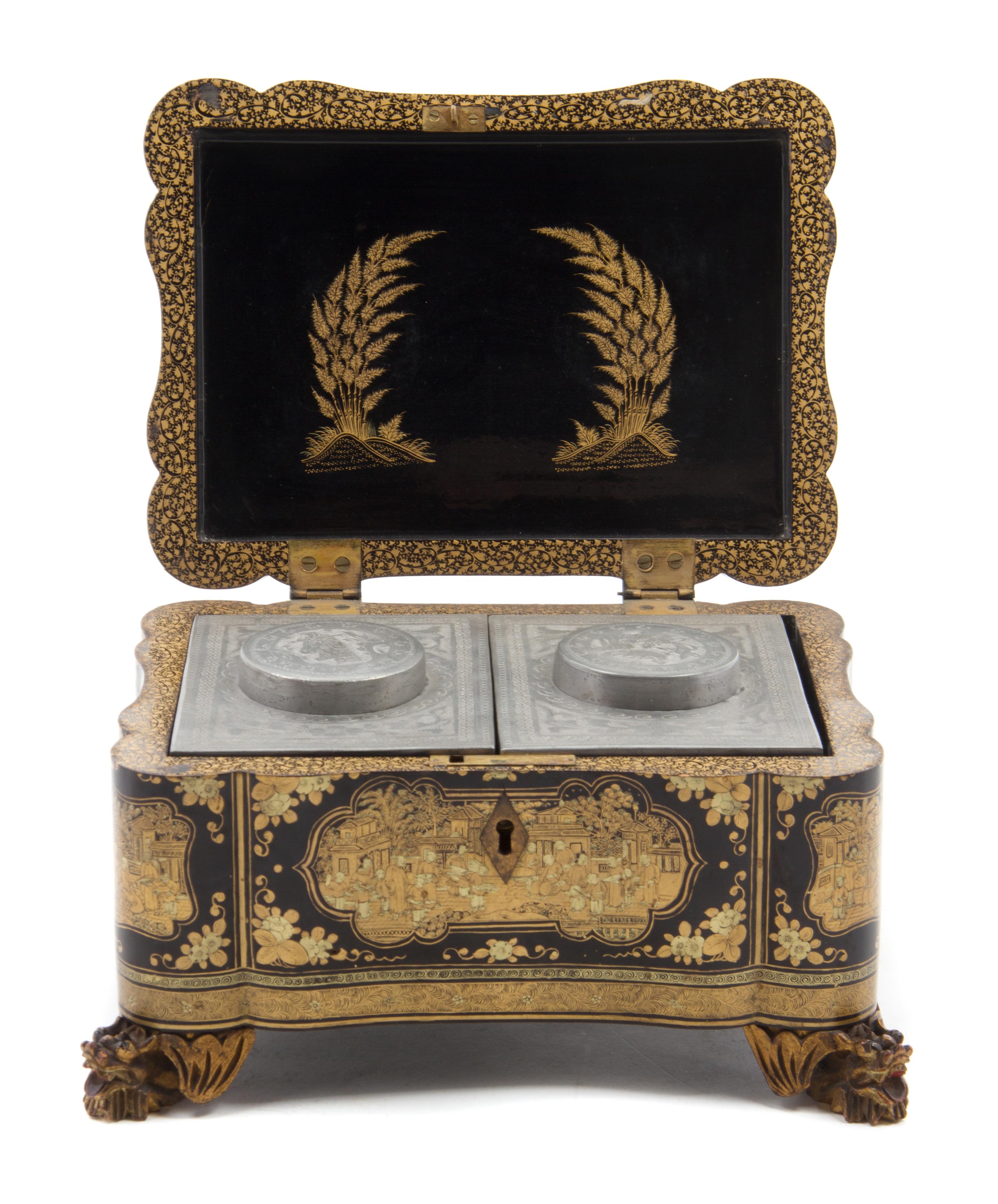 A Chinese Export Lacquered Tea Caddy Height 5 1/8 x width 8 3/4 x depth 6 1/4 inches. — 19TH CENTURY