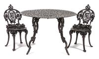 A Victorian Style Wrought Iron Patio Set Height of chairs 31 1/2 inches. — 20TH CENTURY