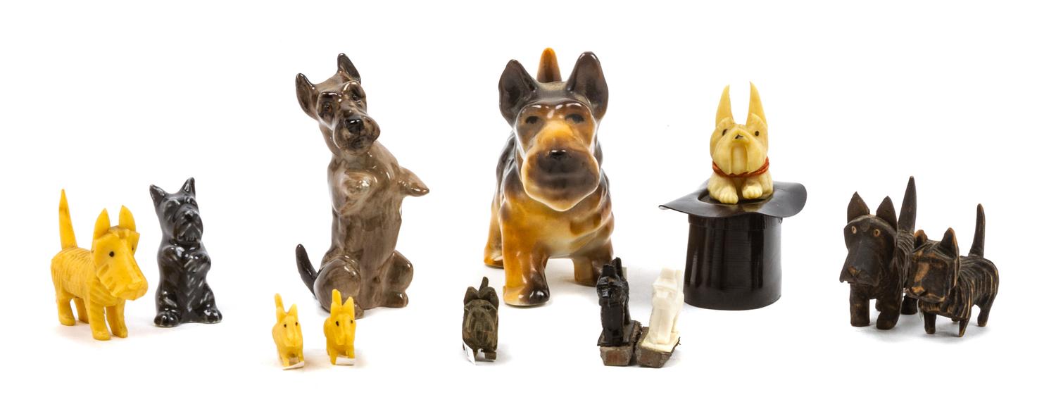 Eleven Scottish Terrier Figures Width of widest 4 1/4 inches.
