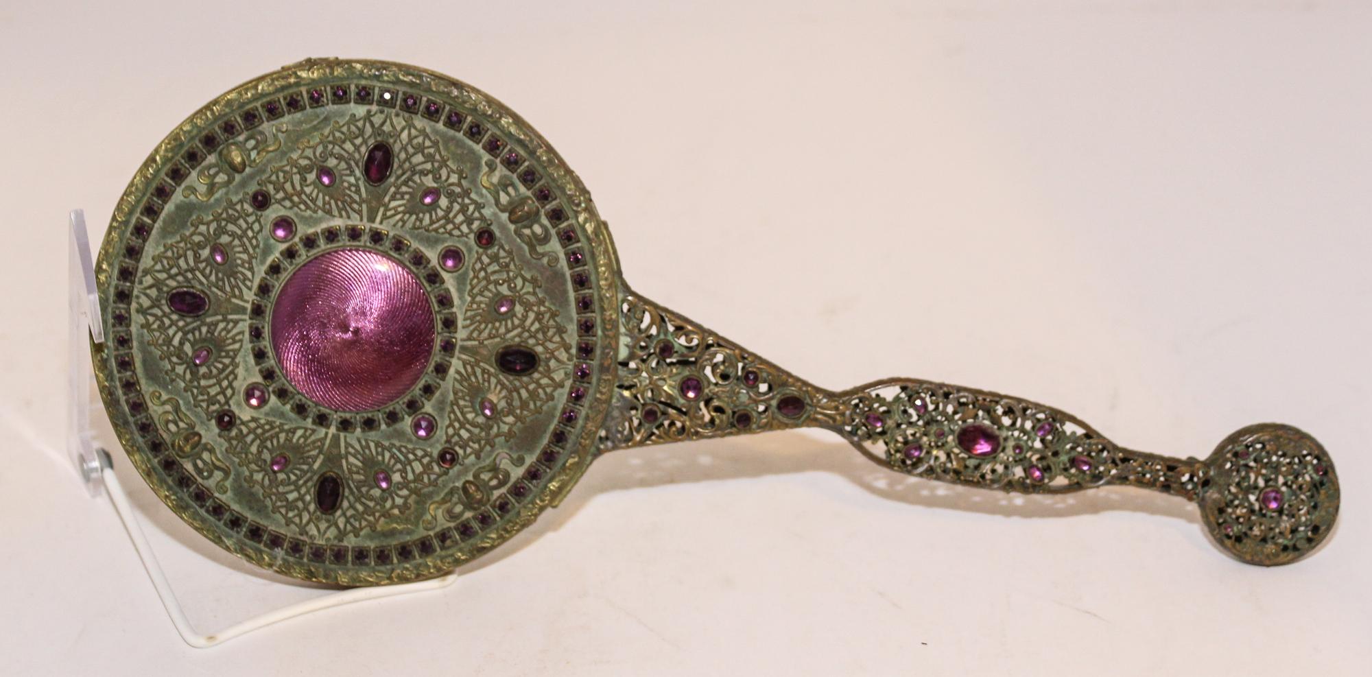 A Victorian Jewel Mounted and Engine Turned Enamel Hand Mirror Length 14 1/2 inches.