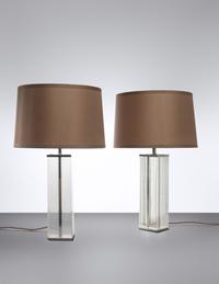 A Pair of Glass and Chromed Steel Table Lamps in the Style of Jean Michel Frank
