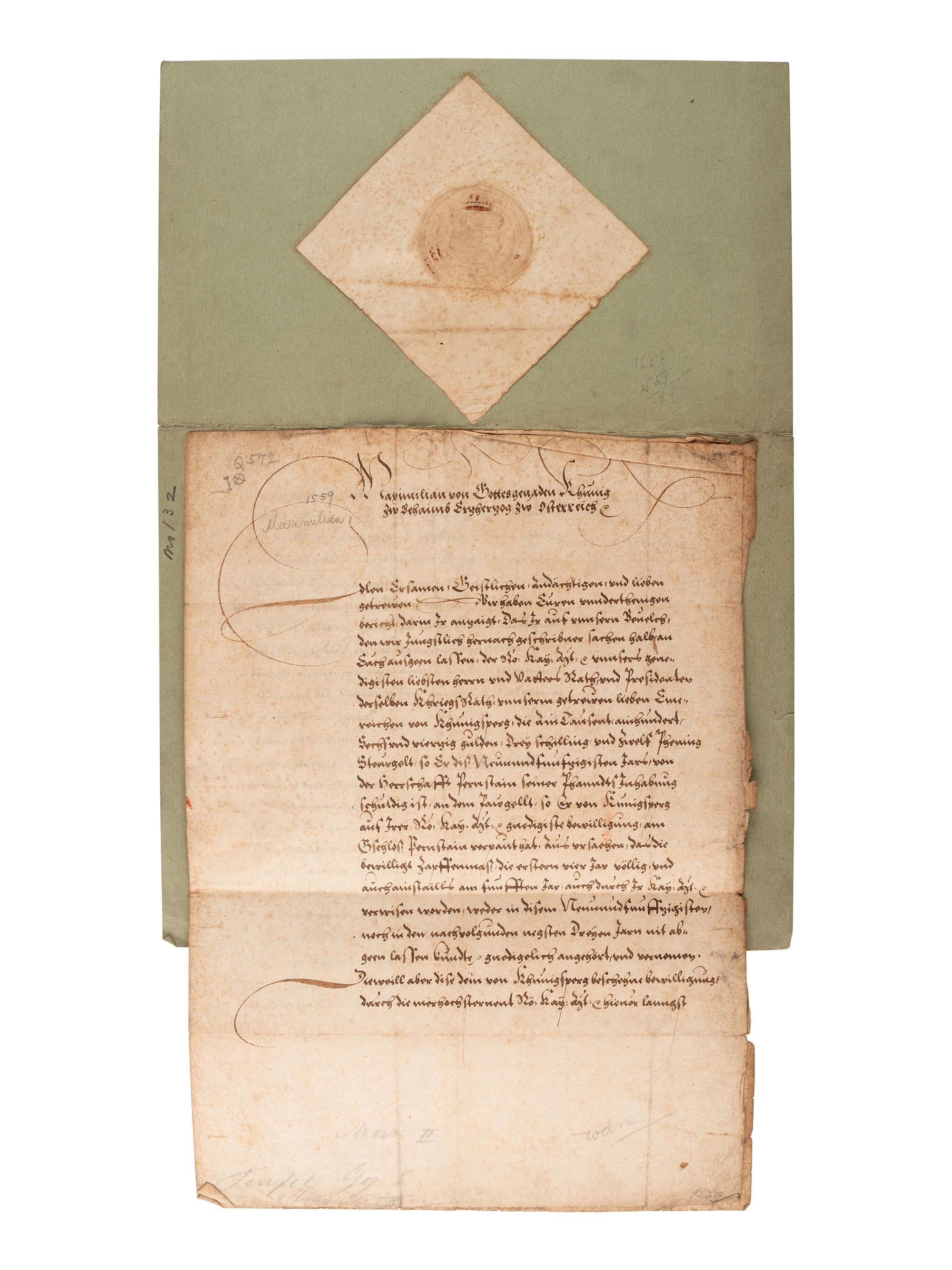 [EUROPE]. Letter signed ("Maximilian"), by Maximilian II of Austria (1527-1576).