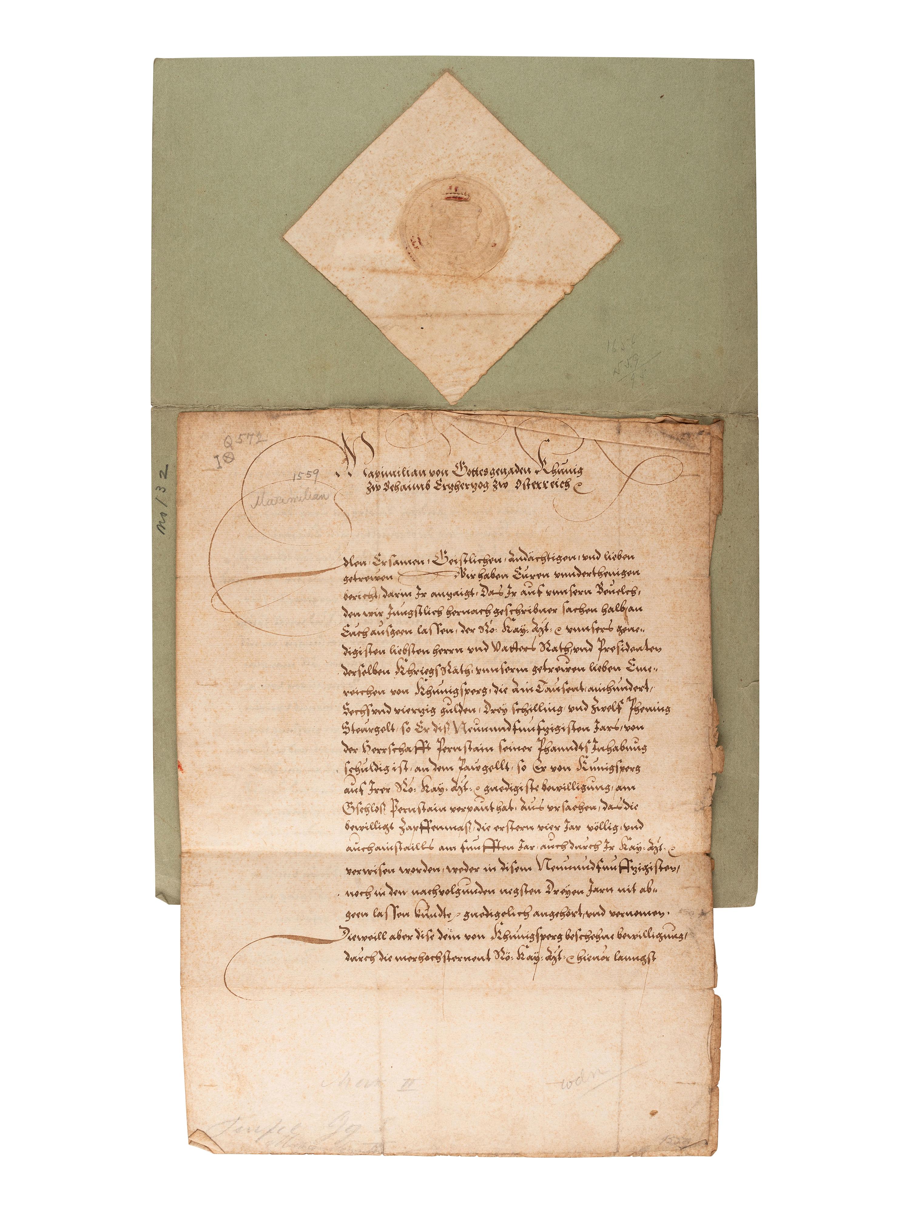 [EUROPE]. Letter signed ("Maximilian"), by Maximilian II of Austria (1527-1576).