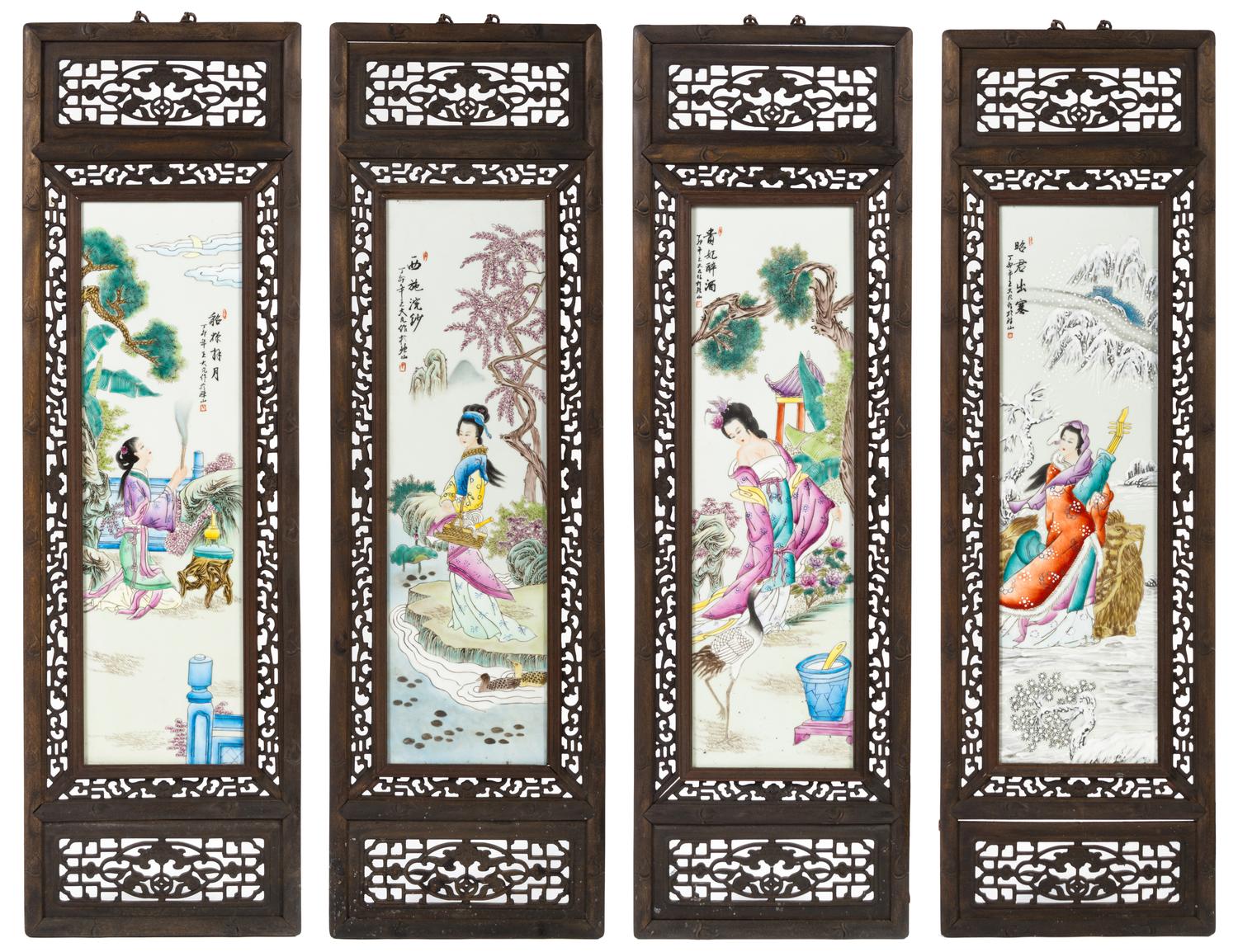 A Set of Four Famille Rose Porcelain Plaques Height of plaque 28 3/4 x width 8 1/4 inches.
