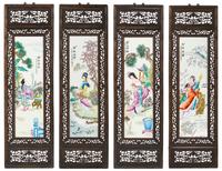 A Set of Four Famille Rose Porcelain Plaques Height of plaque 28 3/4 x width 8 1/4 inches.
