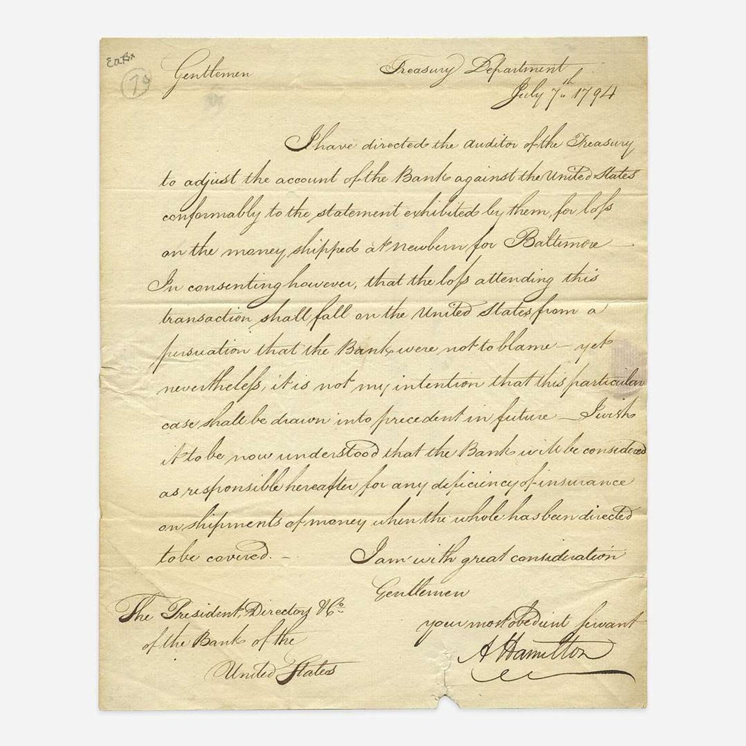 [Hamilton, Alexander] [First Bank of the United States] Letter, signed