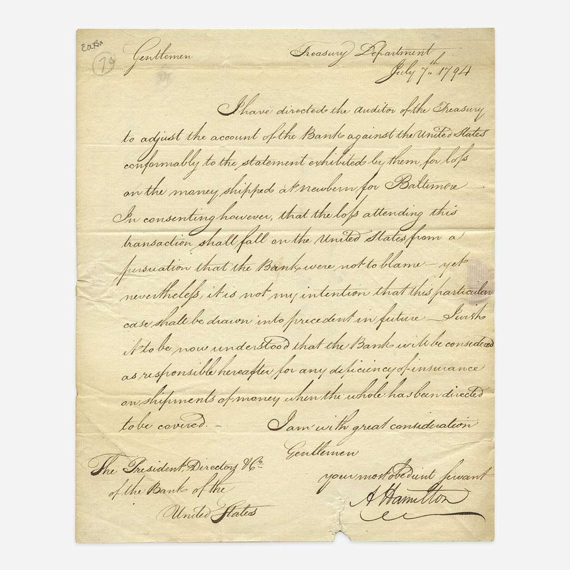 [Hamilton, Alexander] [First Bank of the United States] Letter, signed