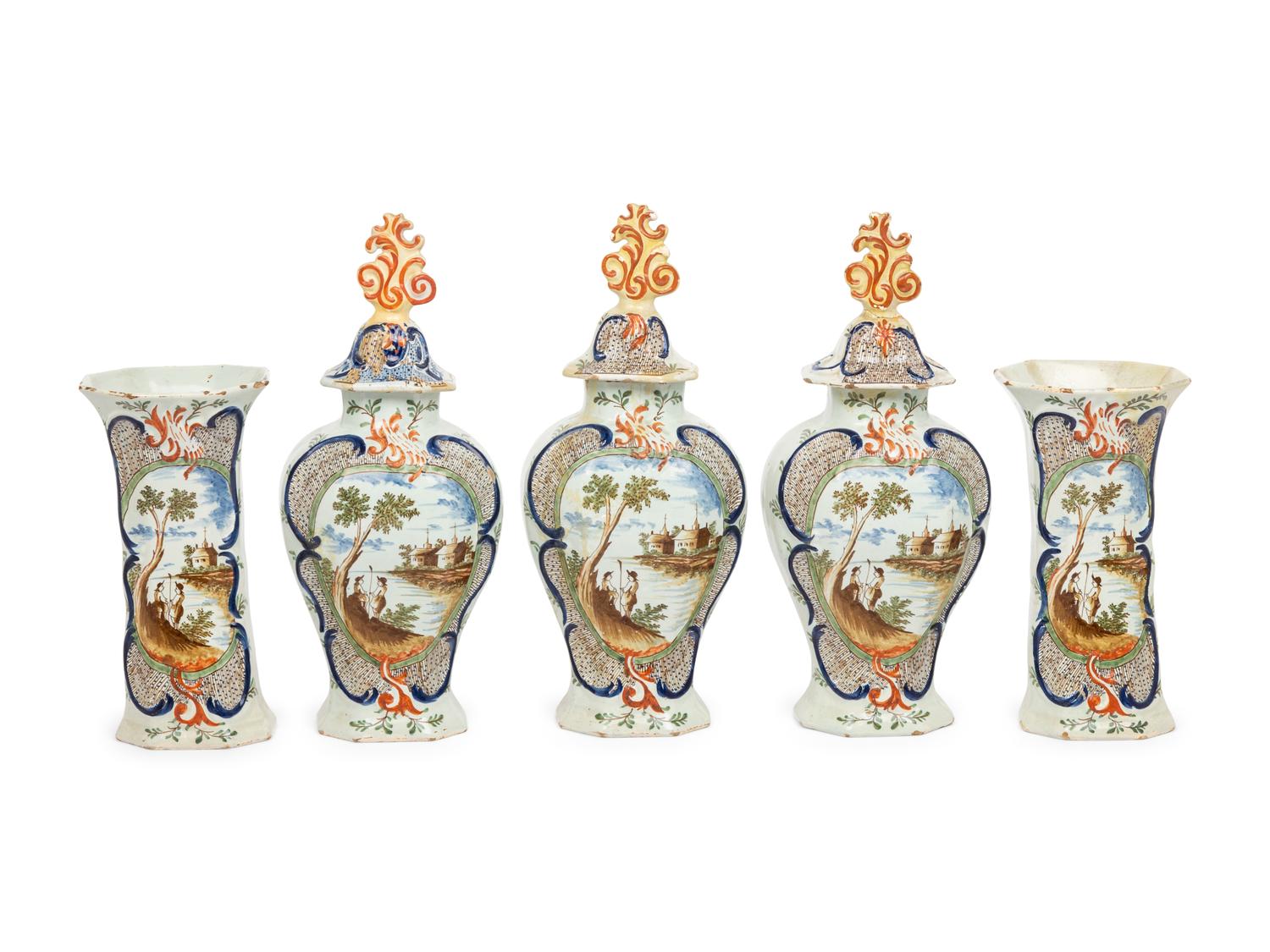 A Delft Polychrome Decorated Five-Piece Garniture