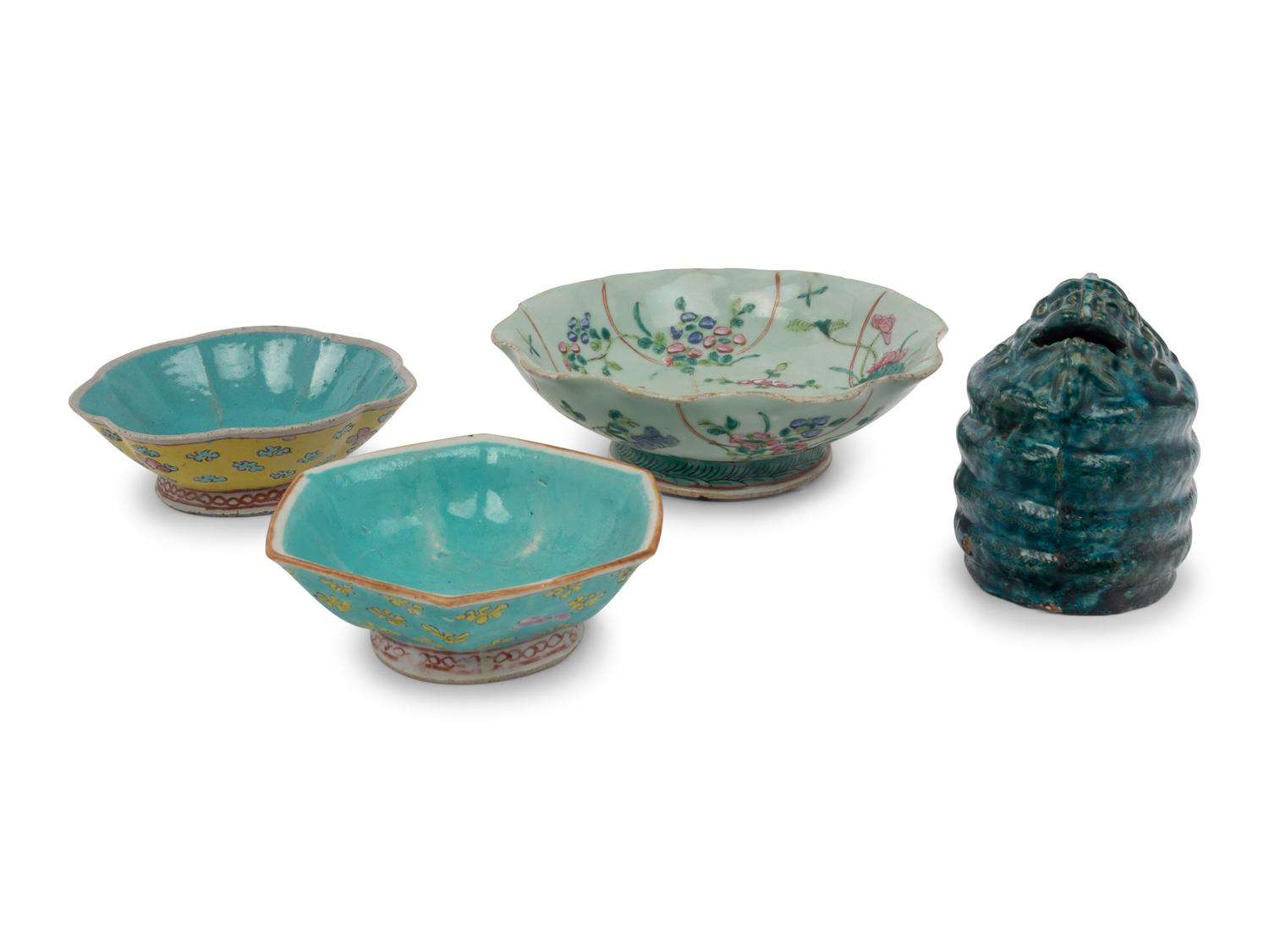 Three Chinese Famille Rose Porcelain Bowls and a Porcelain Animal Figure