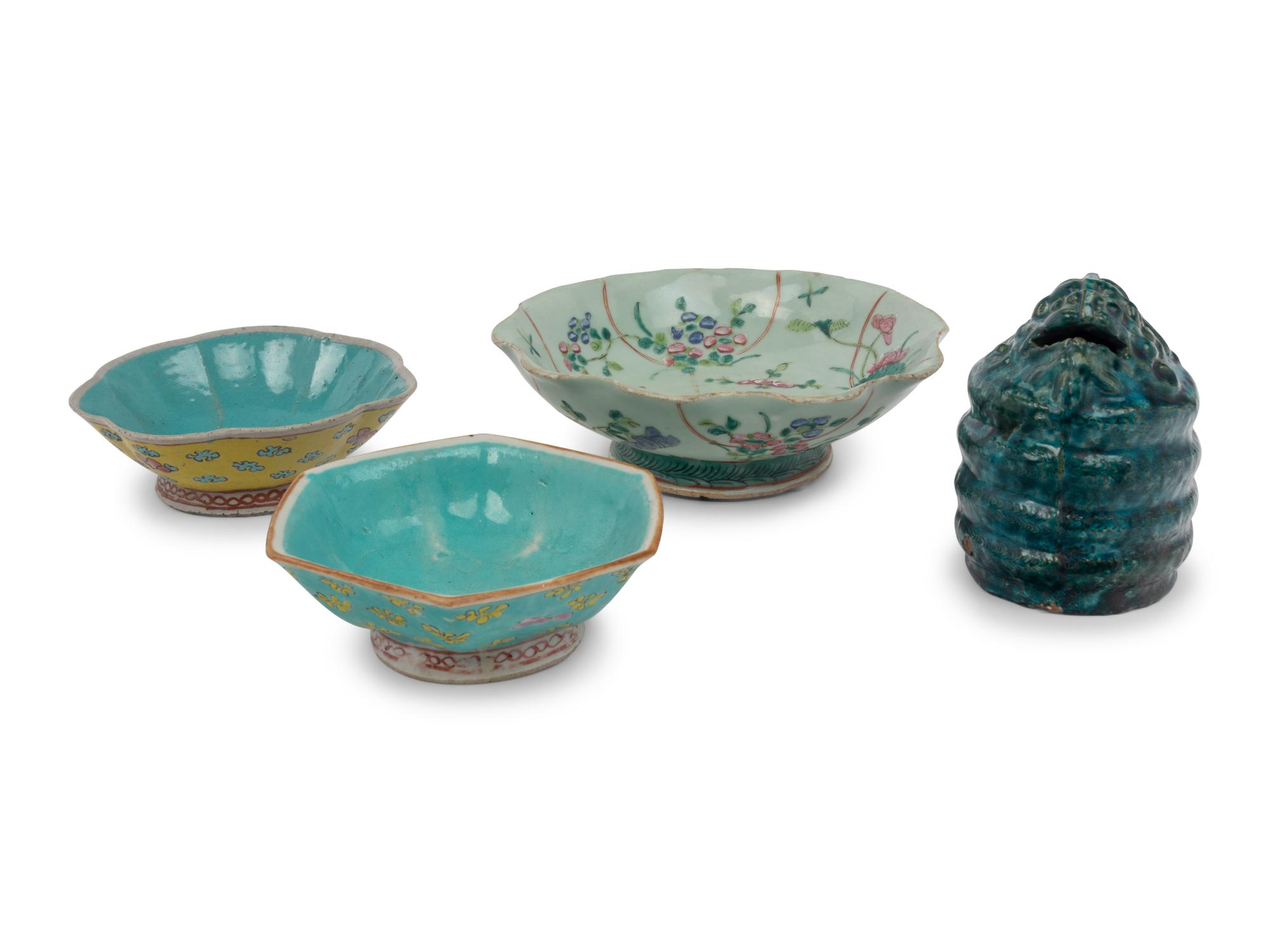 Three Chinese Famille Rose Porcelain Bowls and a Porcelain Animal Figure