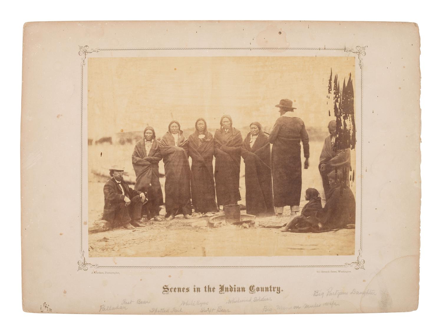 GARDNER, Alexander (1821-1882), photographer. Two albumen photographs of Sioux leaders at Fort Laramie, incl. Old Man Afraid of His Horses, Spotted Tail, and Fast Bear. 1868.