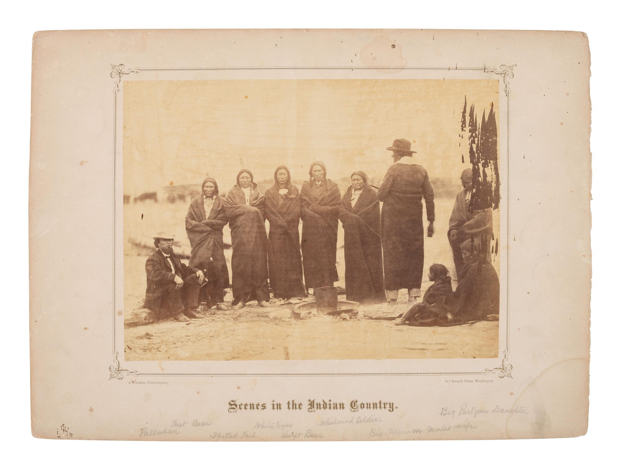 GARDNER, Alexander (1821-1882), photographer. Two albumen photographs of Sioux leaders at Fort Laramie, incl. Old Man Afraid of His Horses, Spotted Tail, and Fast Bear. 1868.