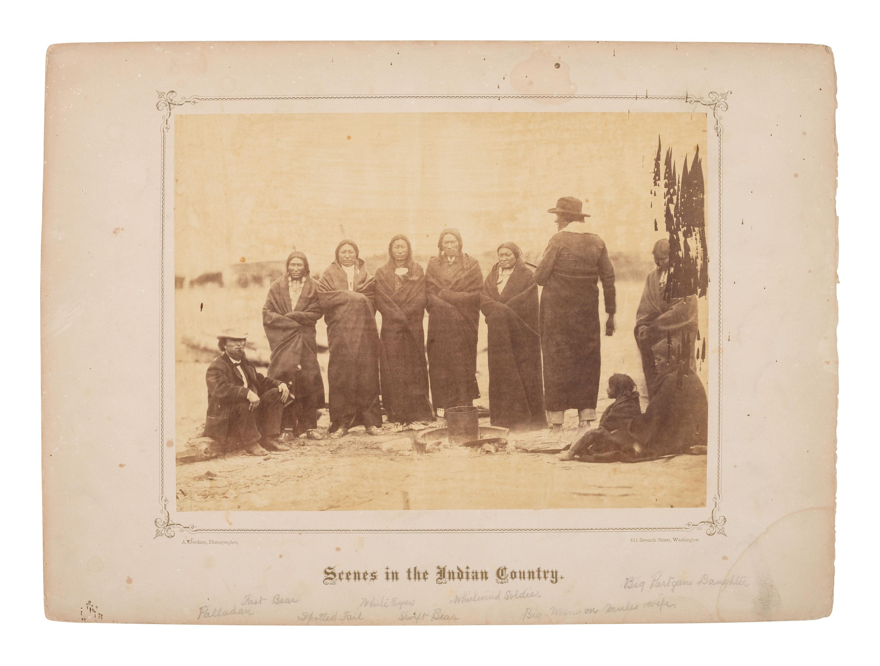 GARDNER, Alexander (1821-1882), photographer. Two albumen photographs of Sioux leaders at Fort Laramie, incl. Old Man Afraid of His Horses, Spotted Tail, and Fast Bear. 1868.