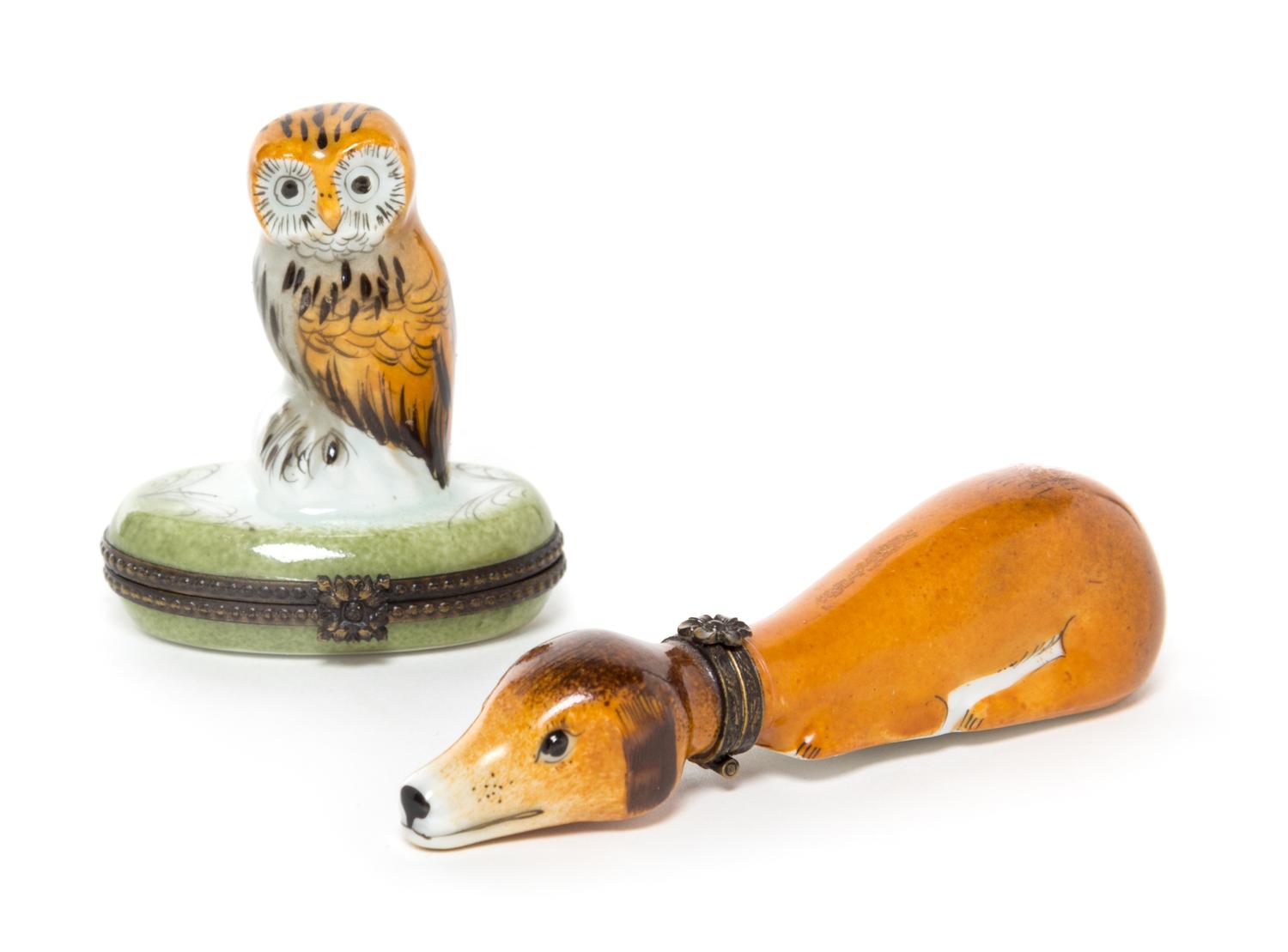 Two Limoges Porcelain Boxes Height of owl form box 3 inches.