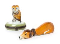 Two Limoges Porcelain Boxes Height of owl form box 3 inches.
