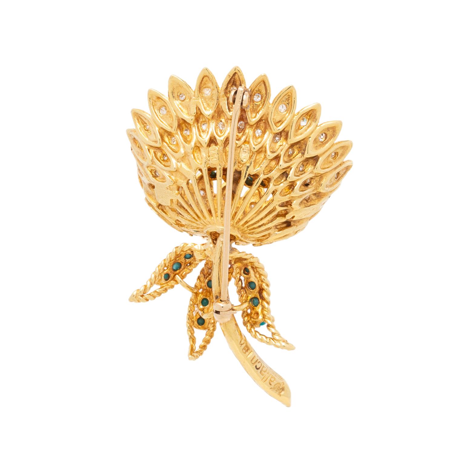WALLACH, DIAMOND, TURQUOISE, AND YELLOW GOLD FLOWER BROOCH