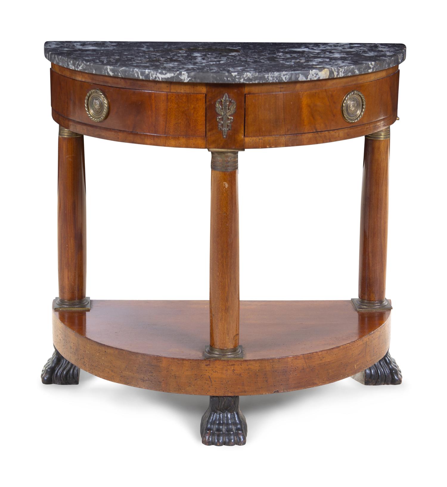 An Empire Style Gilt Metal Mounted Walnut Marble-Top Console Table