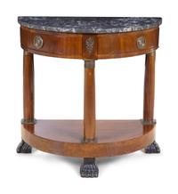 An Empire Style Gilt Metal Mounted Walnut Marble-Top Console Table