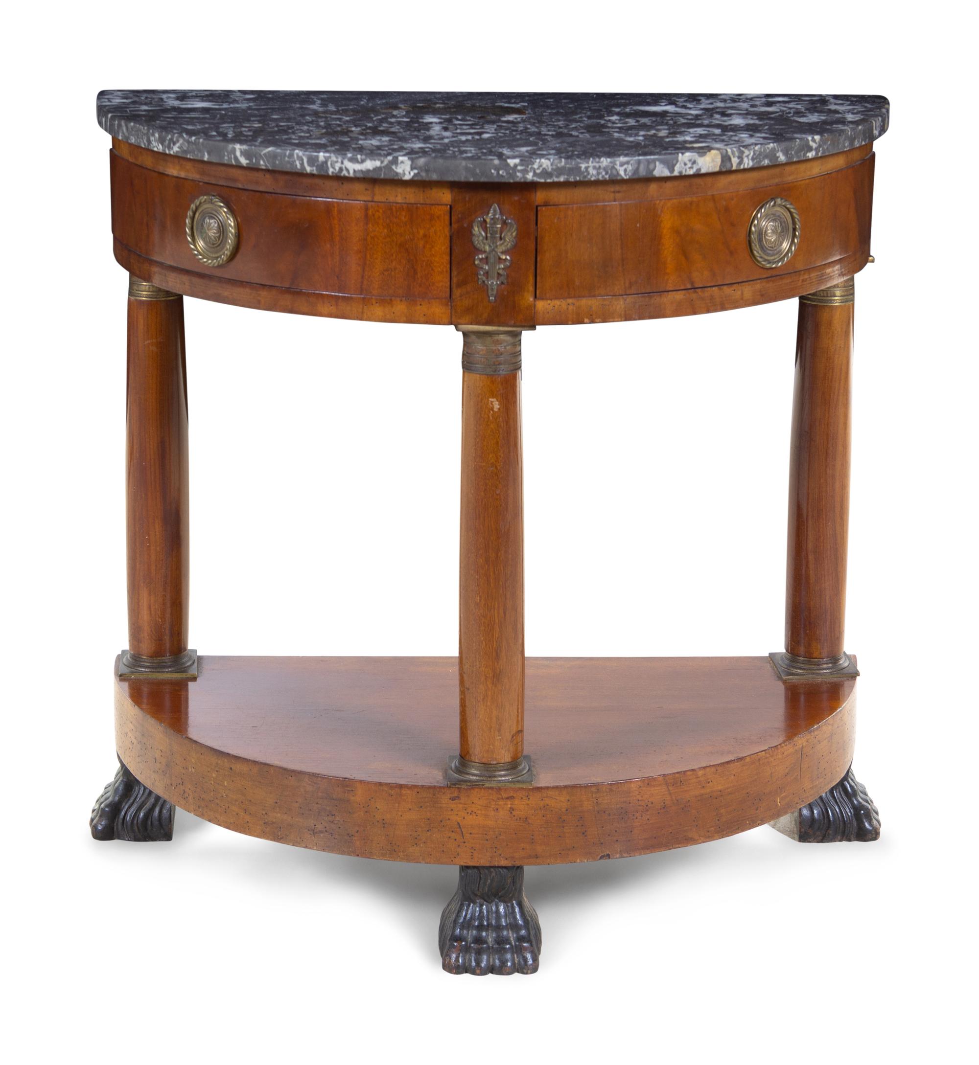 An Empire Style Gilt Metal Mounted Walnut Marble-Top Console Table