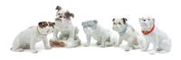 A Group of Five Porcelain Bulldogs Height of tallest 7 1/2 inches.