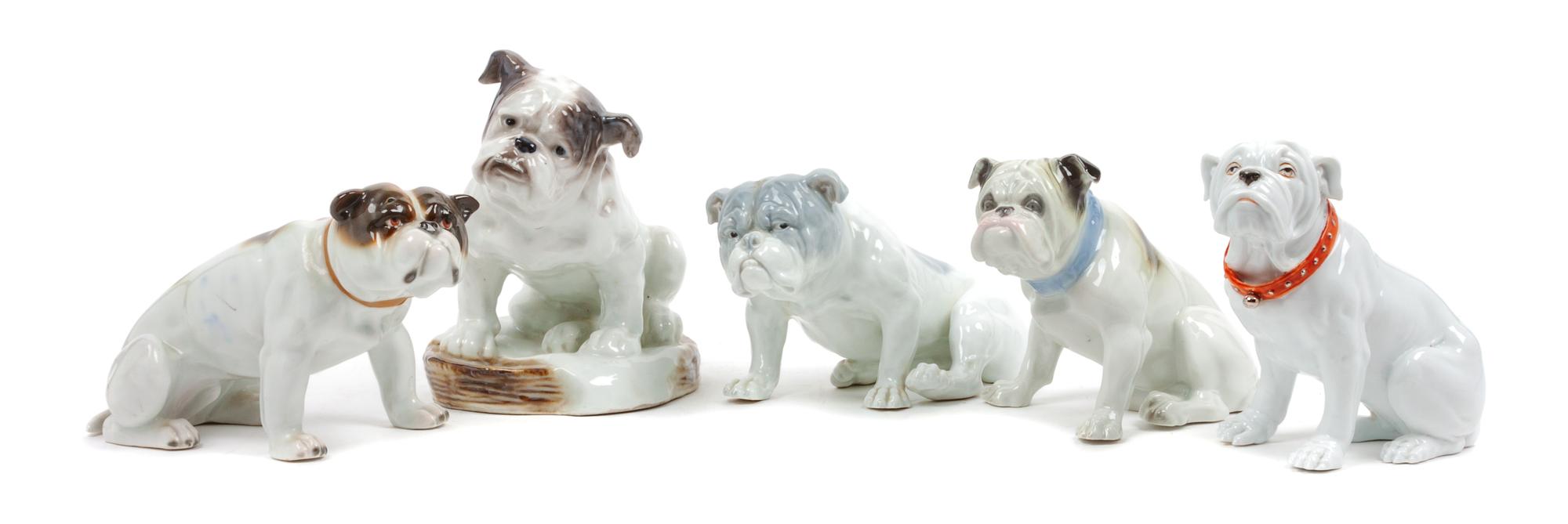 A Group of Five Porcelain Bulldogs Height of tallest 7 1/2 inches.