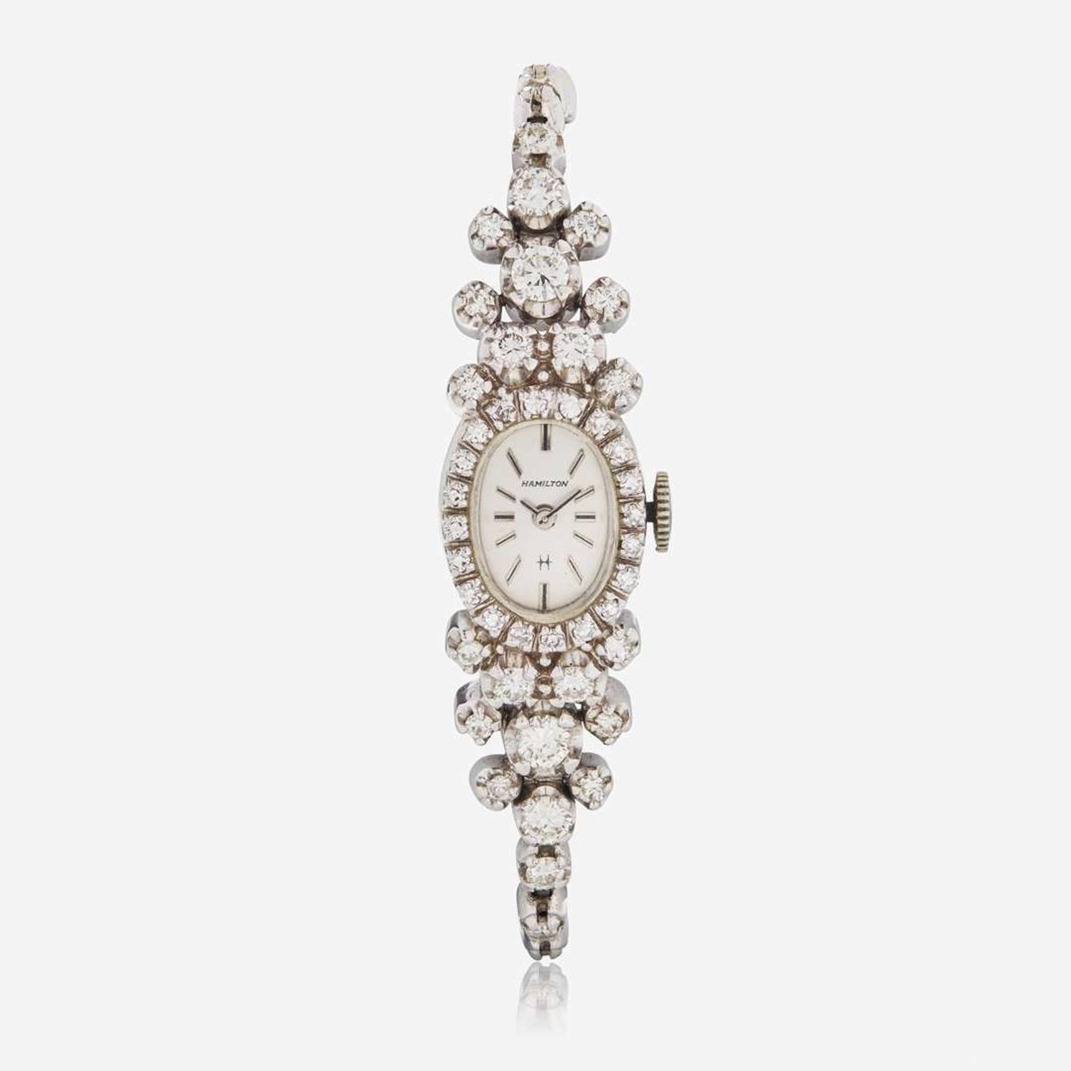 A Ladies Hamilton 14K White Gold and Diamond Bracelet Watch