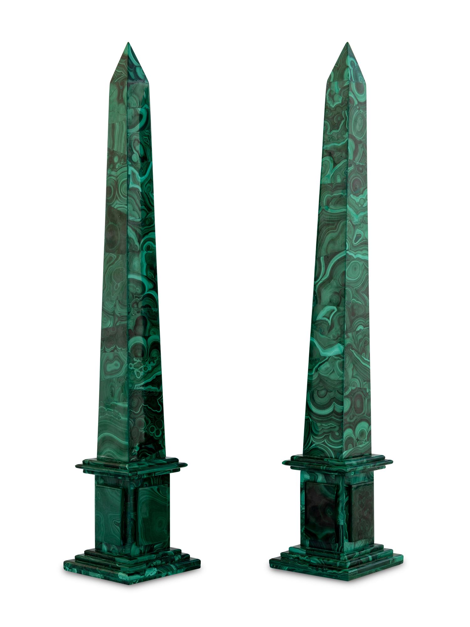 A Pair of Malachite Veneered Obelisks
