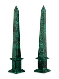 A Pair of Malachite Veneered Obelisks