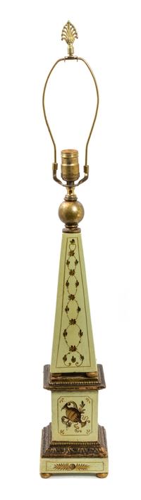 A Painted Ceramic and Gilt Obelisk-Form Table Lamp Height 32 x width 5 1/4 x depth 5 1/4 inches. — 20TH CENTURY