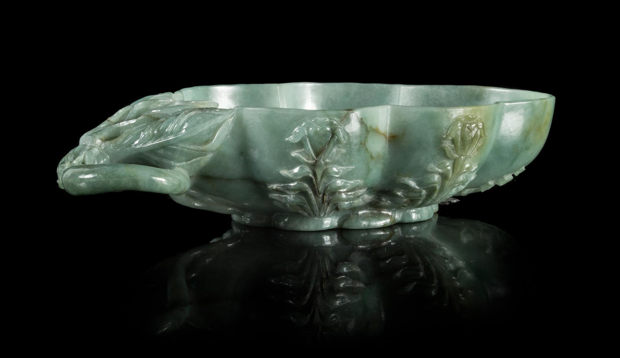 A Mughal Style Spinach Jade Dish Length 8 inches.