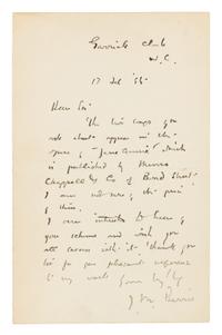 BARRIE, James Matthew, Sir. Autographed letter signed ("J.M. Barrie"), to an unnamed recipient, Garrick Club, London, 17 February 1895.