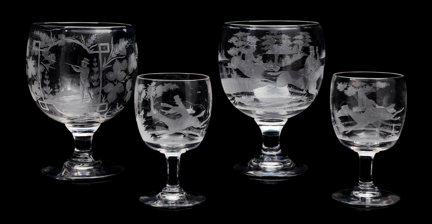 A Set of Etched Glass Stemware Height of tallest 8 inches. — 19TH/20TH CENTURY