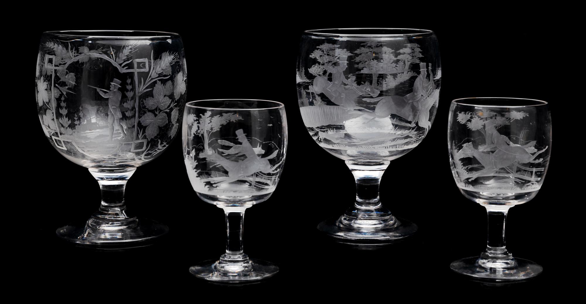 A Set of Etched Glass Stemware Height of tallest 8 inches. — 19TH/20TH CENTURY