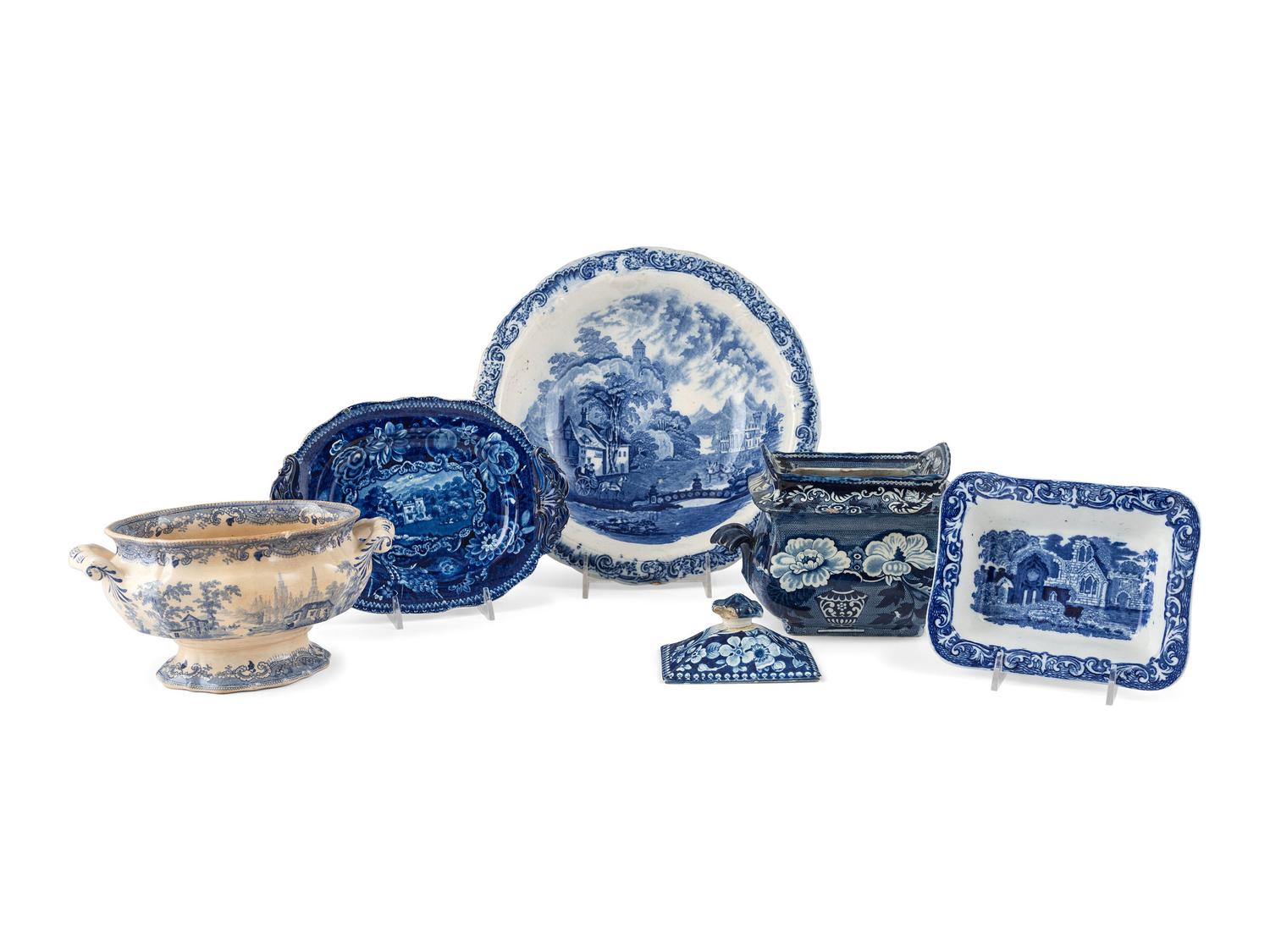 A Group of Blue and White Staffordshire Tableware