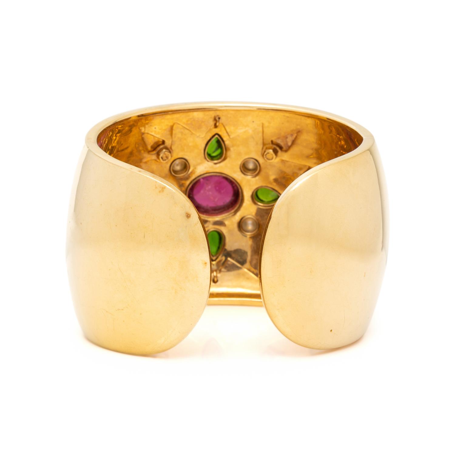 PINK AND GREEN TOURMALINE, CULTURED PEARL, DIAMOND, ENAMEL, AND YELLOW GOLD CUFF BRACELET