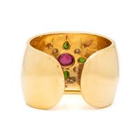PINK AND GREEN TOURMALINE, CULTURED PEARL, DIAMOND, ENAMEL, AND YELLOW GOLD CUFF BRACELET