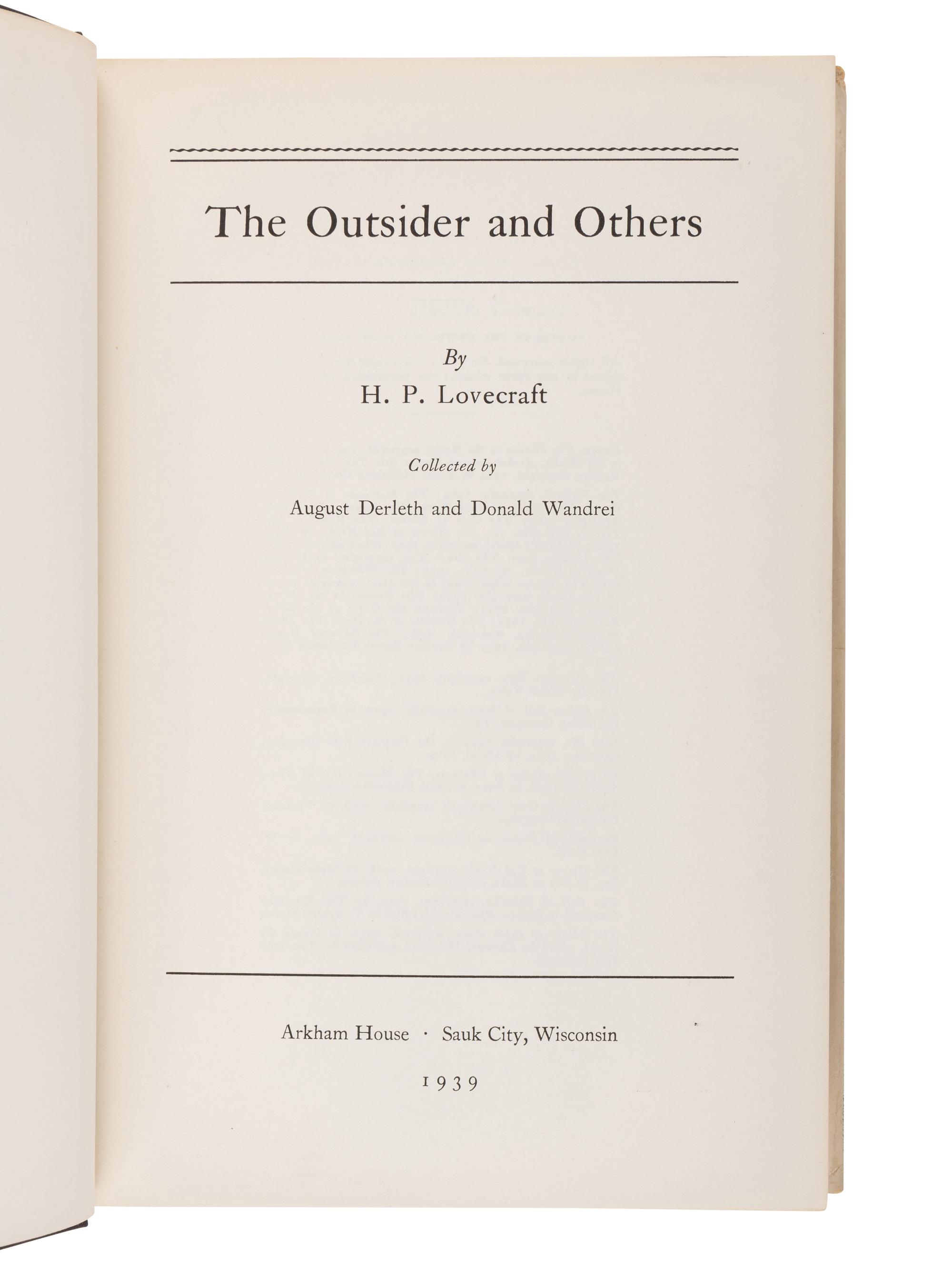 LOVECRAFT, Howard Phillips (1890-1937). The Outsider and Others . Sauk City, WI: Arkham House, 1939.
