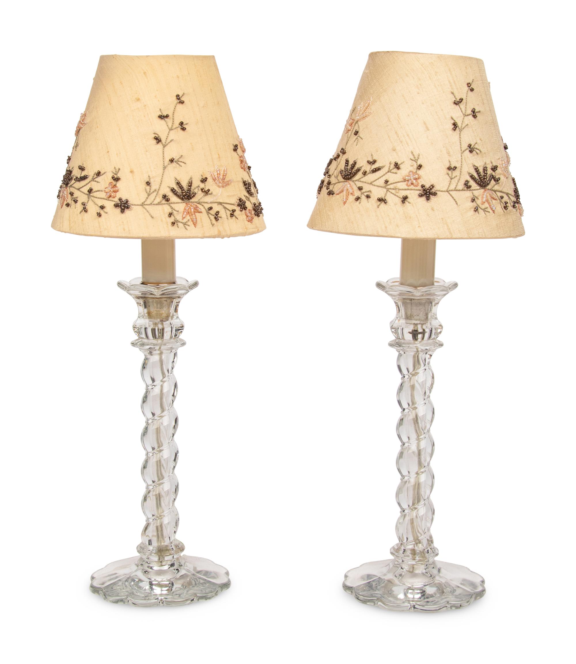 A Pair of Molded Glass Candlesticks Mounted as Lamps