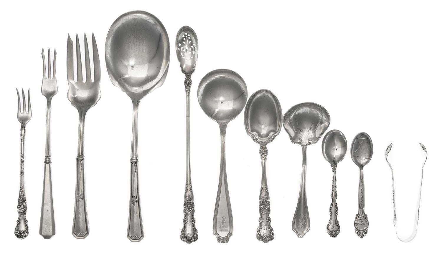 A Collection of American Silver Flatware, Various Makers, comprising: 6 soup spoons 11 demitasse spoons 5 cocktail forks 8 serving item