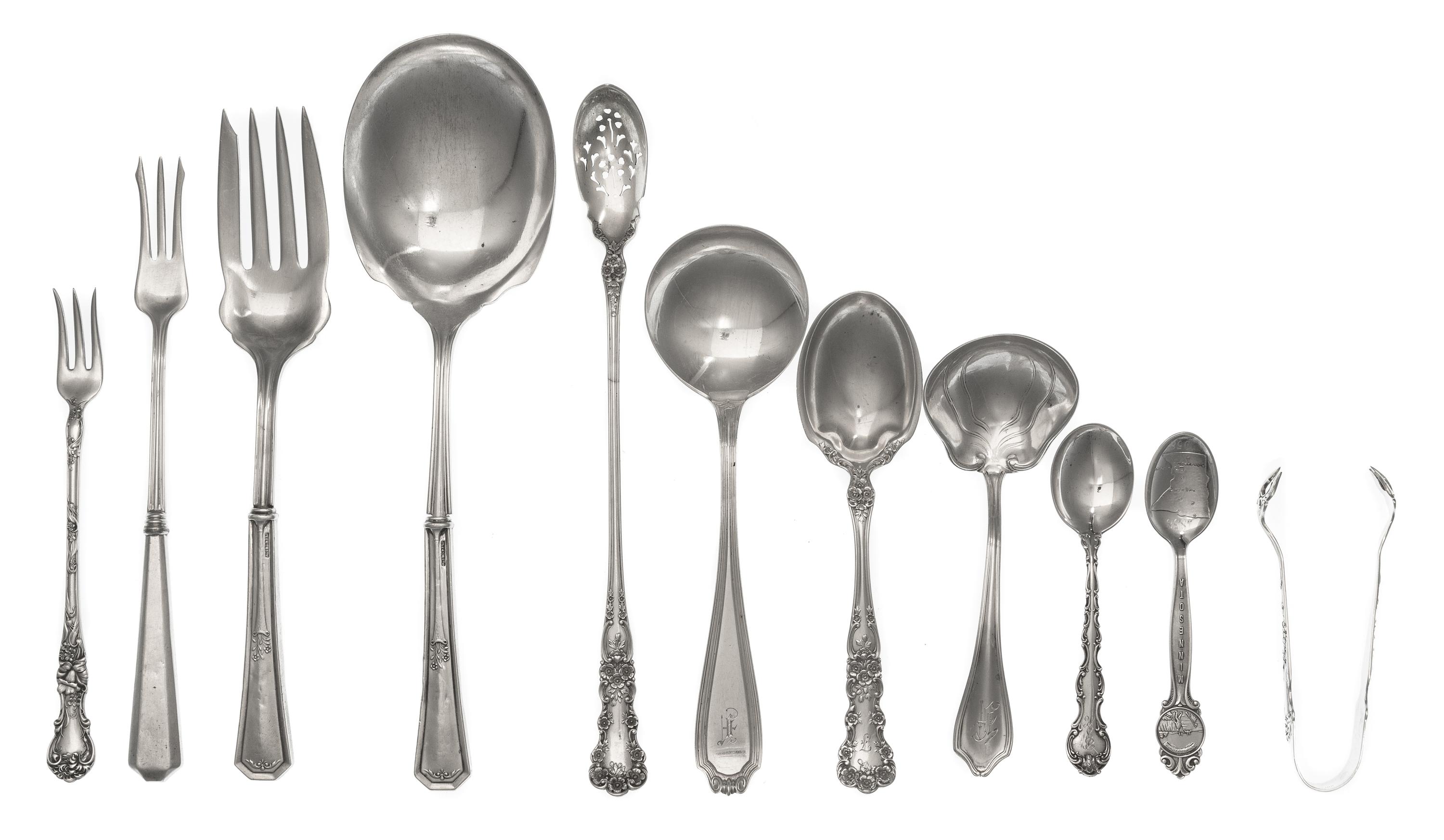 A Collection of American Silver Flatware, Various Makers, comprising: 6 soup spoons 11 demitasse spoons 5 cocktail forks 8 serving item