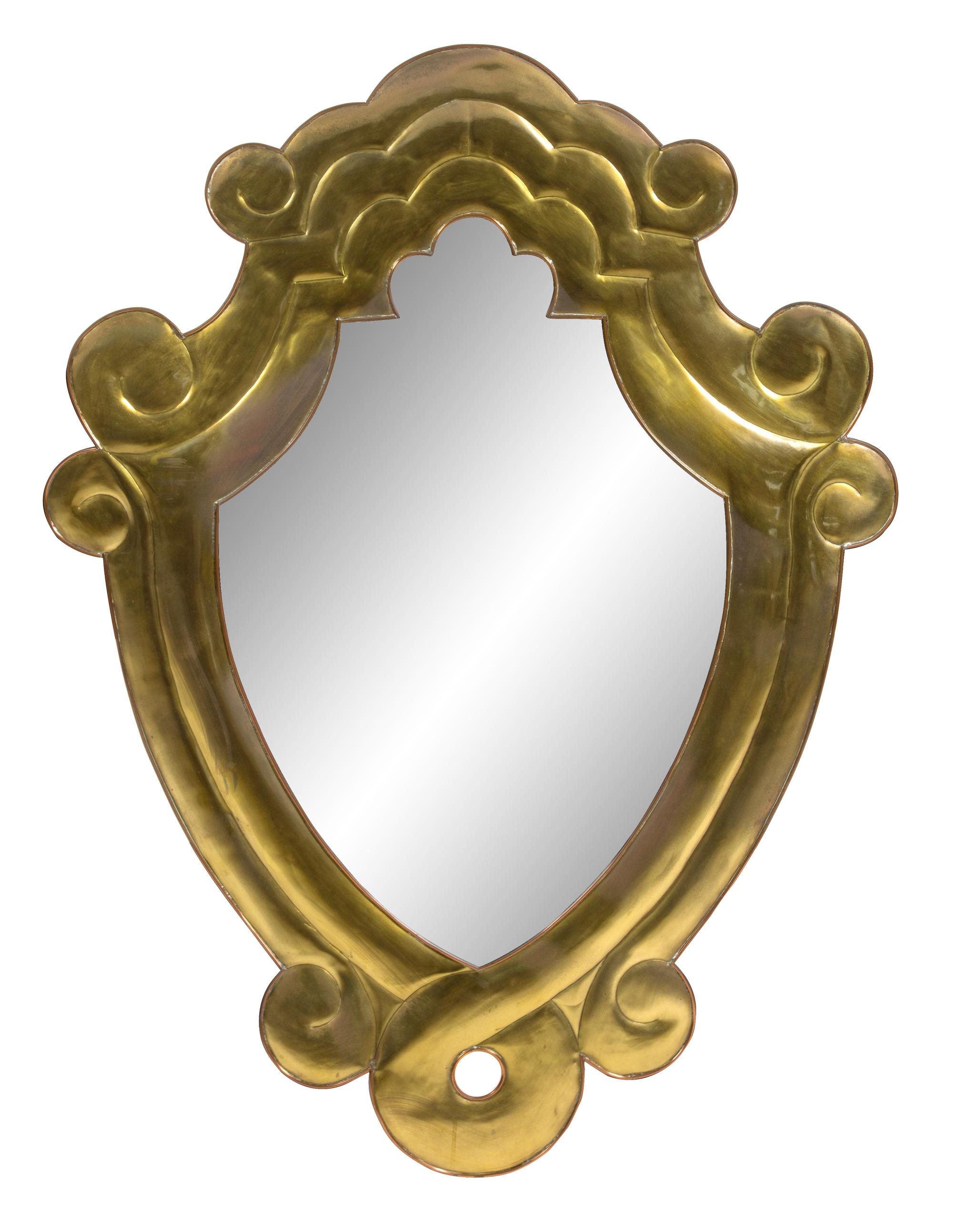 A Cartouche-Form Brass Mirror Height 35 x width 25 inches. — 20TH CENTURY