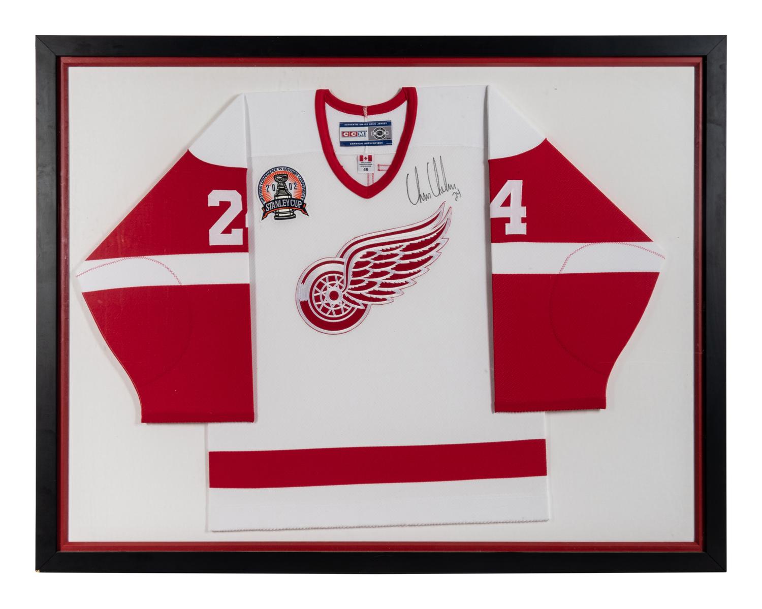 A Chris Chelios Signed Autograph Detroit Red Wings Hockey Jersey Display,